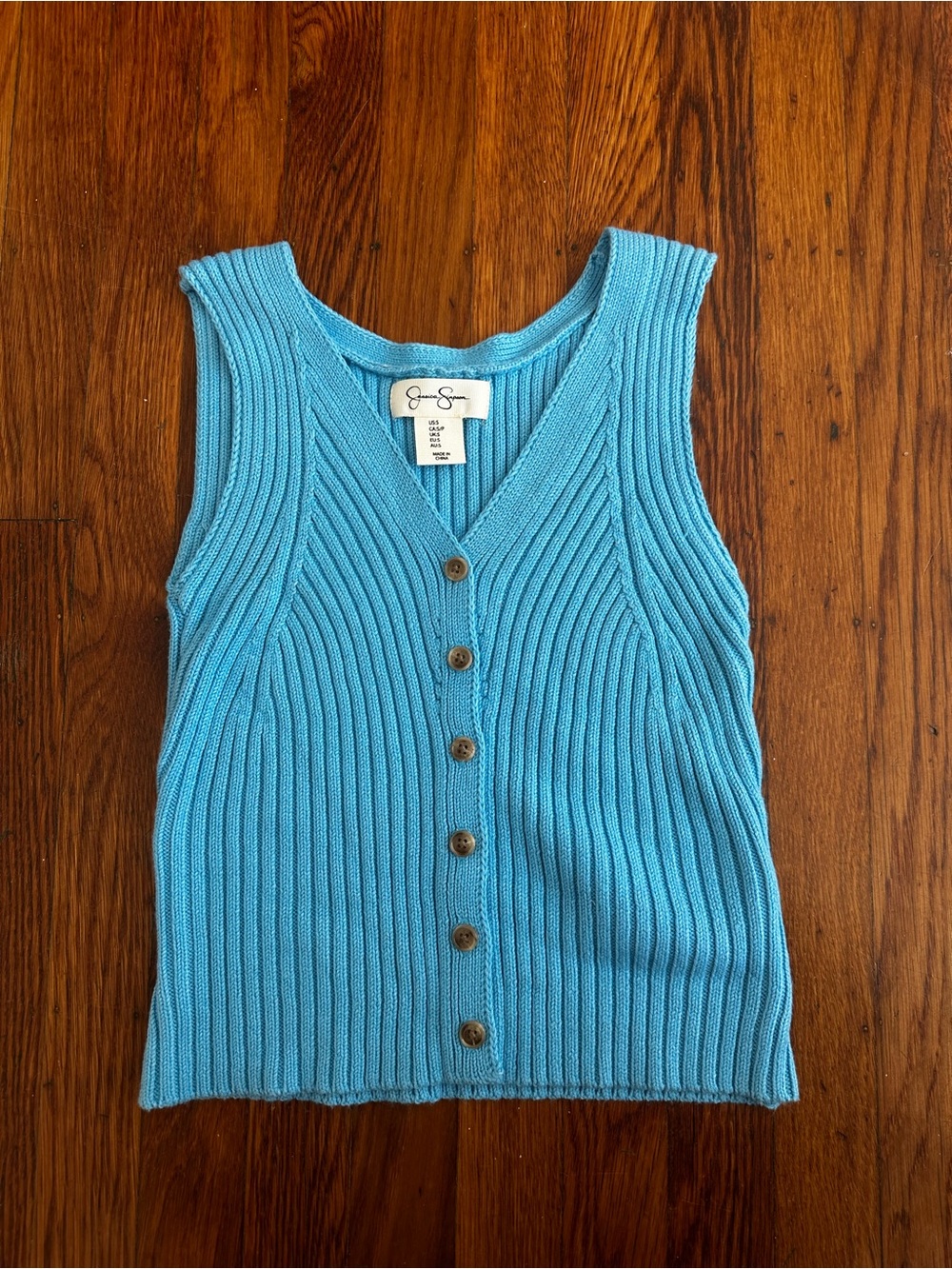 Jessica Simpson Blue Ribbed Knit Button-Front Vest